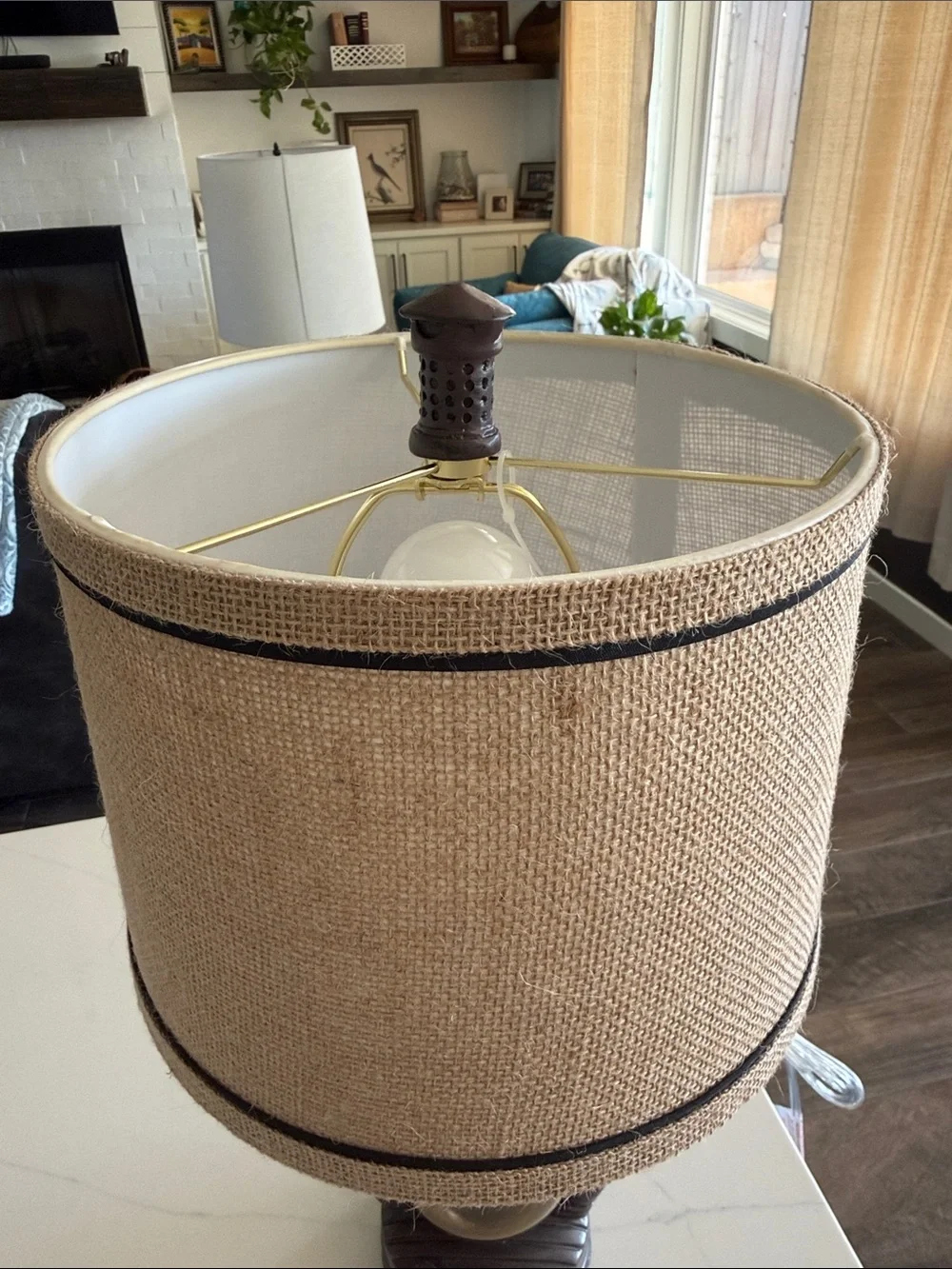 Vintage Rustic Brown Lantern Table Lamp with Beige Burlap Shade
